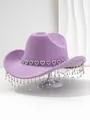 Elegant purple cowboy hat featuring sparkling rhinestone heart trim and crystal tassels - M (56-58cm) / Purple
