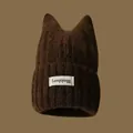 Cute cat ears knitted beanie hat for women in dark brown winter warm plush style - Coffee with White Cloth Label