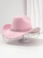Detailed view of pink cowboy hat featuring rhinestone heart band and crystal fringe - M (56-58cm) / Light Pink
