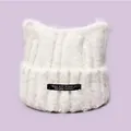 Cozy and premium fluffy white knitted winter beanie hat with cute cat ears design - White-Black Label