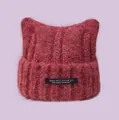 Chunky knit cat ear beanie in dark pink with a cozy fuzzy texture for winter wear - Burgundy - Black Label