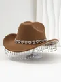 Close-up of brown cowboy hat with heart rhinestone band and dangling crystal tassels - M (56-58cm) / Camel