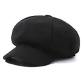 Classic black woolen newsboy hat octagonal beret for autumn and winter outdoor fashion - One Size / Black
