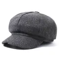 Solid dark grey wool blend octagonal newsboy cap for men and women - One Size / Gray