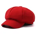 Classic solid red wool octagonal newsboy cap for men and women autumn winter wear - One Size / Red