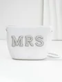 Detailed view of white woven bridal straw bag with pearl and rhinestone MRS lettering - MRS Style