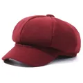 Stylish dark red wool octagonal newsboy cap for autumn and winter fashion accessory - One Size / Burgundy