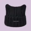 Black fuzzy cat ear knitted beanie for women winter warm stylish mohair wool cold hat - Black-Black Label