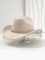 Detailed shot of beige cowboy hat featuring heart rhinestone trim and sparkling tassels. - M (56-58cm) / Beige