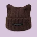 Cozy brown knit beanie featuring cute cat ears and decorative label - Coffee with Black Cloth Label
