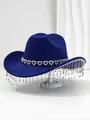 Detail view of royal blue cowboy hat with sparkling heart rhinestones and long fringe - M (56-58cm) / Sapphire Blue
