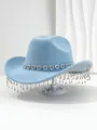 Detail shot of a light blue women's cowboy hat with heart gems and elegant rhinestone tassels. - M (56-58cm) / Sky Blue