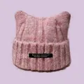 Cute pink knitted cat ear beanie hat for women winter warmth and stylish autumn comfort - Pink-Black Label