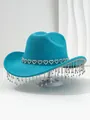 Detailed view of teal cowboy hat with heart rhinestones and sparkling crystal tassels - M (56-58cm) / Mint Blue