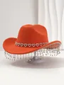 Close-up of orange cowboy hat featuring heart rhinestone band and crystal fringe tassels - M (56-58cm) / Burned Orange