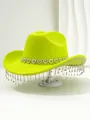 Detail of lime green cowboy hat featuring heart rhinestones and crystal tassels - M (56-58cm) / Neon Yellow