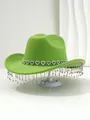 Detailed view of bright green felt cowboy hat featuring heart rhinestones and crystal fringe - M (56-58cm) / Green