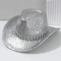 Sparkly silver cowboy hat with rhinestone trim for bridal or outdoor party events - M (56-58cm) / Silver