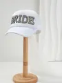 Vista dettagliata del cappello da sposa bianco con lettere in strass e lungo velo. - M（56-58cm） / Stile BRIDE con Strass Neri Bianco