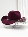 Elegante bordeauxrode vilten cowboyhoed met fonkelende strassteentjes en franjes. - M (56-58cm) / Bordeauxrood