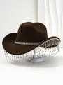 Gedetailleerd overzicht van de fonkelende strass franje op een bruine vilt cowboyhoed. - M (56-58cm) / Donker Koffie