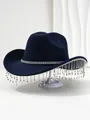 Navy blauwe vilt cowboyhoed met sprankelende strass banden en franje kwastjes - M (56-58cm) / Marineblauw