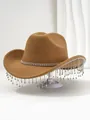Gedetailleerd zijaanzicht van bruine vilten cowboyhoed met strass franjes - M (56-58cm) / Khaki