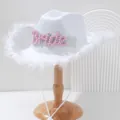 Elegant white bride cowboy hat featuring feather trim and pink pearl Bride letter design. - M (56-58cm) / Pink Lowercase Style (WH1)