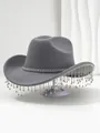 Detailweergave van een grijze vilten cowboyhoed met fonkelende strass-franjes voor feesten. - M (56-58cm) / Grijs