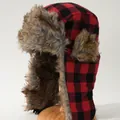 Red and black buffalo plaid trapper hat with warm faux fur ear flaps for winter outdoors - M (56-58cm) / Red