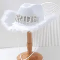 Elegant white bride cowboy hat featuring feather trim and pearl BRIDE rhinestone letters. - M (56-58cm) / Capital Pearl Style (WH1)