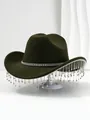 Detail van elegante donkergroene vilten cowboyhoed met glanzende strass franje kwastjes - M (56-58cm) / Legergroen