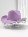 Detail van paarse vilten cowboyhoed met elegante lange versiering van stras franjes. - M (56-58cm) / Lichtpaars