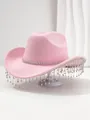 Elegante roze vilten cowboyhoed met fonkelende strass-fanjes en biesdetails - M (56-58cm) / Lichtroze