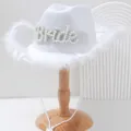 Elegant white western bridal cowboy hat featuring pearl Bride letters and feather trim - M (56-58cm) / White Pearl Lowercase Style (WH1)