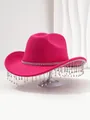 Elegante roze vilten cowboyhoed met sprankelende details van stras-franjes - M (56-58cm) / Rozerood