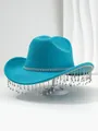 Detail van de fonkelende strass-kwastjes op de turquoise vilten cowboyhoed voor dames - M (56-58cm) / Muntblauw