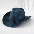 Donkerblauw gemêleerde viltwollen fedora-hoed met brede rand en western afwerking - M (56-58cm) / Helderblauw