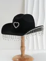 Elegant black cowboy hat featuring crystal fringe tassels and rhinestone heart detail - M (56-58cm) / Black