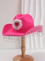 Detailed shot of a vibrant pink cowboy hat featuring heart rhinestone and sparkling tassels. - M (56-58cm) / Rose Red