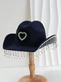 Detailed close-up of black cowboy hat featuring a rhinestone heart and crystal tassels - M (56-58cm) / Navy Blue
