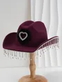 Detailed view of dark purple cowboy hat with rhinestone heart and crystal fringe - M (56-58cm) / Burgundy
