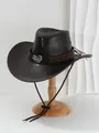 Detail van een vintage zwarte PU-leren western cowboyhoed met metalen schorpioen gesp decoratie. - M (56-58cm) / Donker Koffie
