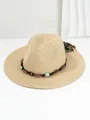 Close-up of the straw hat with amber and green stone bead woven band accessory - M (56-58cm) / Beige
