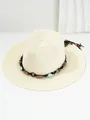 Detailed view of straw hat with decorative band of green stones and amber beads. - M (56-58cm) / Milky White
