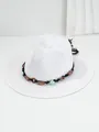 Detailed view of a white woven straw hat featuring a decorative amber and green beaded band - M (56-58cm) / White