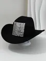 Close-up detail of a black cowboy hat featuring a square patch of silver pyramid studs - M (56-58cm) / Black