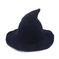 Classic navy blue knitted witch hat with pointed top and wide brim for Halloween costume - Navy Blue