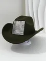 Close-up of a dark olive cowboy hat featuring a large silver pyramid stud patch - M (56-58cm) / Army Green
