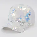 Detailed view of white mesh baseball cap with iridescent sequins for Y2K style. - M (56-58cm) / Multicolor Sequins / White